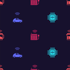 Poster - Set Processor with microcircuits CPU, Smart car system wireless, heating radiator and electric kettle on seamless pattern. Vector