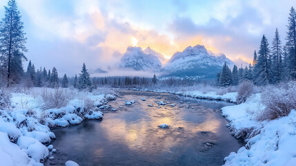 Wall Mural - Snowy mountains, trees covered in snow and a pine forest along the stream. In winter at dawn, the sky is cloudy with white clouds, with snowy mountain peaks in the distance.