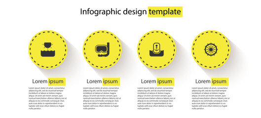 Poster - Set Sun, Diving mask and snorkel, Location with anchor and Ship steering wheel. Business infographic template. Vector