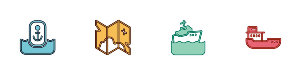 Sticker - Set Location with anchor, Pirate treasure map, Cruise ship and Cargo icon. Vector