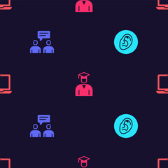 Poster - Set Ear listen sound signal, Two sitting men talking, Graduate and graduation cap and Laptop on seamless pattern. Vector