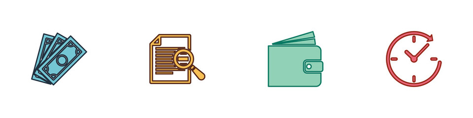 Poster - set stacks paper money cash, document with search, wallet and clock arrow icon. vector