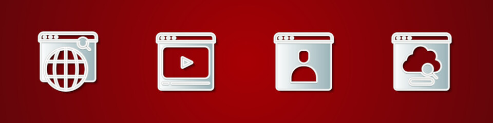 Poster - set search engine, online play video, create account screen and cloud technology data transfer icon.