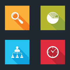 Poster - set magnifying glass, pie chart infographic, referral marketing and clock icon. vector