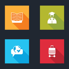 Poster - Set Open book, Graduate and graduation cap, Learning foreign languages and Suitcase icon. Vector