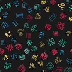 Sticker - Set line Credit card, Lottery ticket, Money bag and Bingo on seamless pattern. Vector