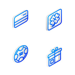 Poster - Set Isometric line Casino slot machine, Credit card, chips and Gift box icon. Vector