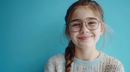 Wall Mural - Portrait of a smiling beautiful girl wearing big glasses on a blue background. Concept of beauty, youth. Lifestyle.