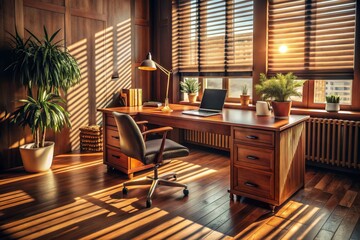 organized chaos brown wooden desk cluttered office supplies morning light dramatic shadows