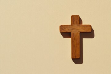 A minimalistic image of a wooden Christian cross on a beige background , ai