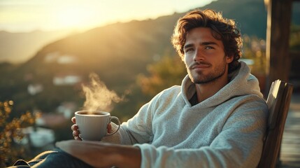 Poster - A young man relaxes with a steaming cup of coffee, savoring the sunset's glow and the serene mountain landscape around him