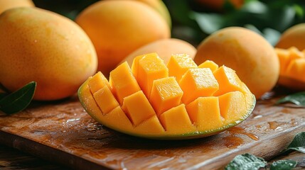 Wall Mural - Juicy Mango Slices on Wooden Cutting Board