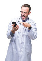 Poster - Middle age senior hoary doctor man texting using smartphone over isolated background very happy pointing with hand and finger