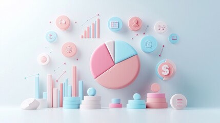 Poster - customer data analysis, pie charts and customer icons, 3d illustration