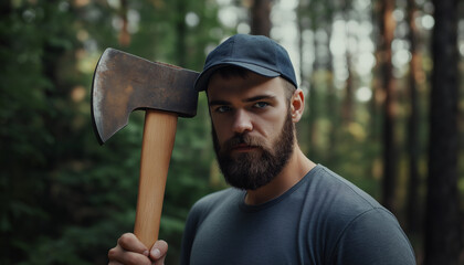 Wall Mural - Brutal brunette bearded man in warm hat with a hatchet in the woods on a background of trees