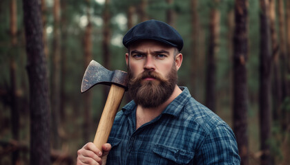 Wall Mural - Brutal brunette bearded man in warm hat with a hatchet in the woods on a background of trees