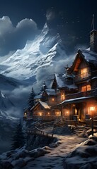 Wall Mural - Snowy mountain village at night, panoramic view. Winter landscape.