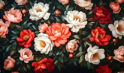 Wall Mural - Lush Floral Arrangement with Pink, White, and Red Peonies