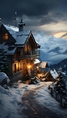 Wall Mural - Beautiful winter panorama of snowy alpine mountain village with wooden house