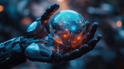 Poster - AI-powered robot holding a glowing holographic world, symbolizing the future of global connectivity, with copy space for text