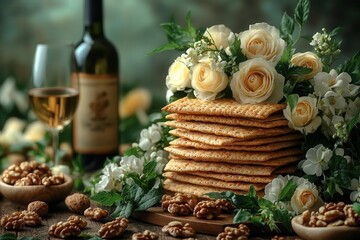 passover table setting with traditional elements artfully arranged matzah kosher wine and walnuts paired with delicate white and yellow roses soft green background adds fresh spring feel