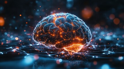 Poster - A digital brain made of light, with AI-powered neural networks connecting around it, symbolizing advanced artificial intelligence, with copy space for text