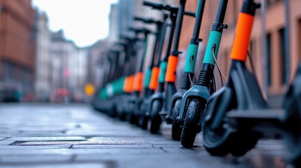 Row of Electric Scooters on a Wet City Street