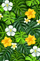 Wall Mural - Illustrated Pattern of Tropical Flowers and Leaves