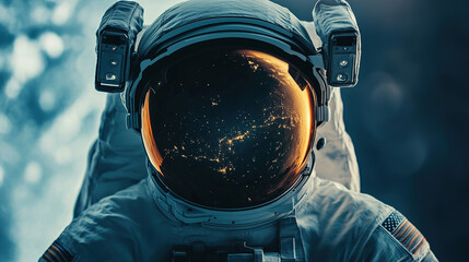 A close-up of an astronaut floating in the vastness of space, with the stunning reflection of Earth in the helmet visor