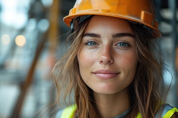 Wall Mural - portrait of a confident female construction worker wearing a hard hat and safety vest standing against a backdrop of scaffolding