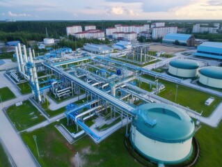 Wall Mural - An aerial view of a city featuring an extensive network of methane gas pipelines and biogas processing plants