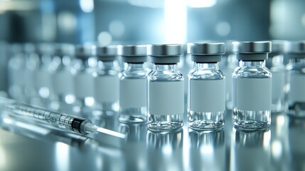 Close-up of Vaccine Vials and Syringe on Reflective Surface in Laboratory Setting