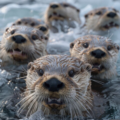 Otters swimming in the sea. Close-up of a group of wet otters.