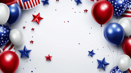 Festive celebration with American flag colors and star-shaped balloon arrangement on a light background, featuring red, white, and blue balloons in a 3D rendering, symbolizing a USA public event or pa