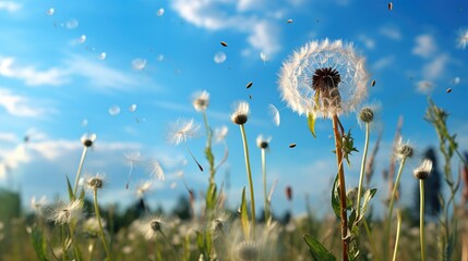 Sticker - Beautiful puffy dandelion and flying seeds against blue sky on sunny day.  