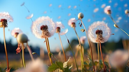 Sticker - Beautiful puffy dandelion and flying seeds against blue sky on sunny day.  