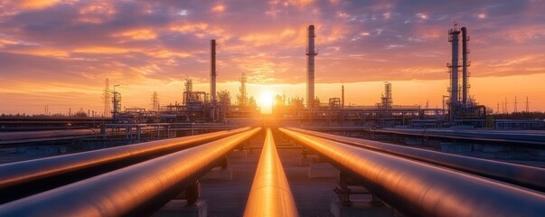 Wall Mural - A solitary crude oil refinery stands amidst a vast desert landscape, with pipelines extending into the distance, symbolizing the fulfillment of remote energy demands. 