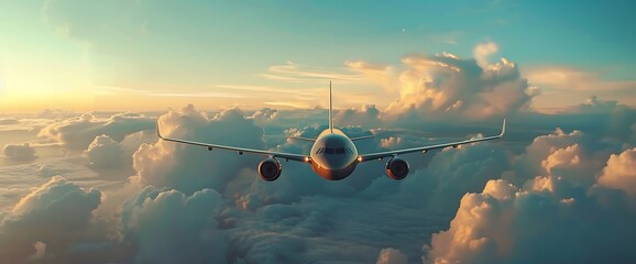 Canvas Print - Airplane flying through the clouds at sunset.