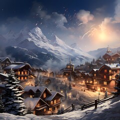 Wall Mural - Winter village at night with snow and snowflakes, 3d illustration