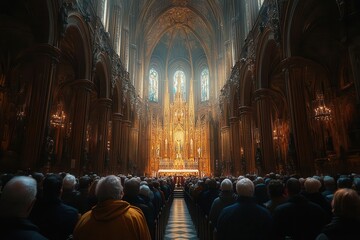 reverent congregation praying in ornate cathedral interior