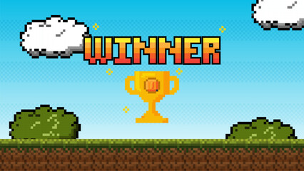Poster - Pixel game win screen. Retro 8 bit video game interface with You Win text.winner pixel game background. video game level up background.pixel art illustration	