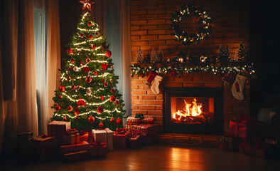 interior christmas. magic glowing tree, fireplace, gifts in dark