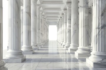 Poster - A grand hall with marble columns leading to a bright exit.