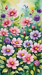 Wall Mural - Watercolor painting of a bouquet of pink and purple cosmos flowers.