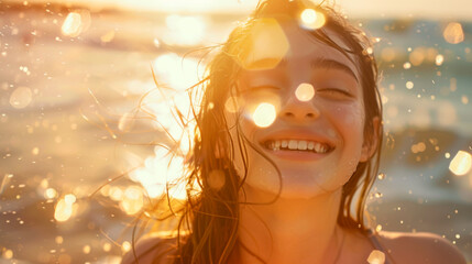 Happy teenage girl having fun in the water on a sunny beach on a sunny day. A feeling of joy and fun.