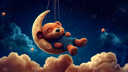 A teddy bear sleeps soundly on a crescent moon swing against a starry night sky.