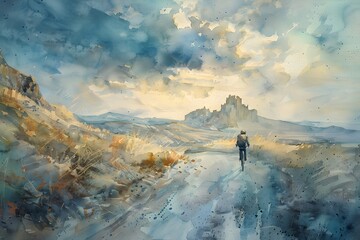 Poster - Watercolor painting of a lone cyclist riding towards a castle in the distance.