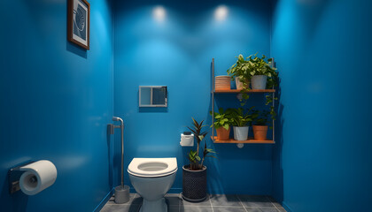 Wall Mural - Interior of restroom with toilet bowl, shelving unit and plants near blue wall isolated with white highlights, png