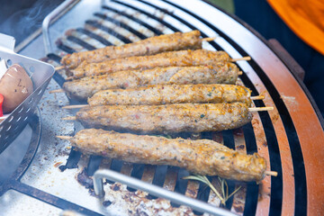  juicy kebabs on a barbecue grill with smoke. Relaxing and delicious barbecue in the backyard. A personal home outdoor grill using natural charcoal.Meat on fire.