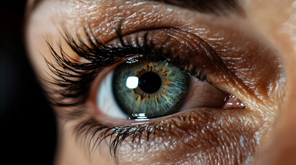 Close-up macro photo of a human eye with green iris, showing the details of the eyelashes and skin.